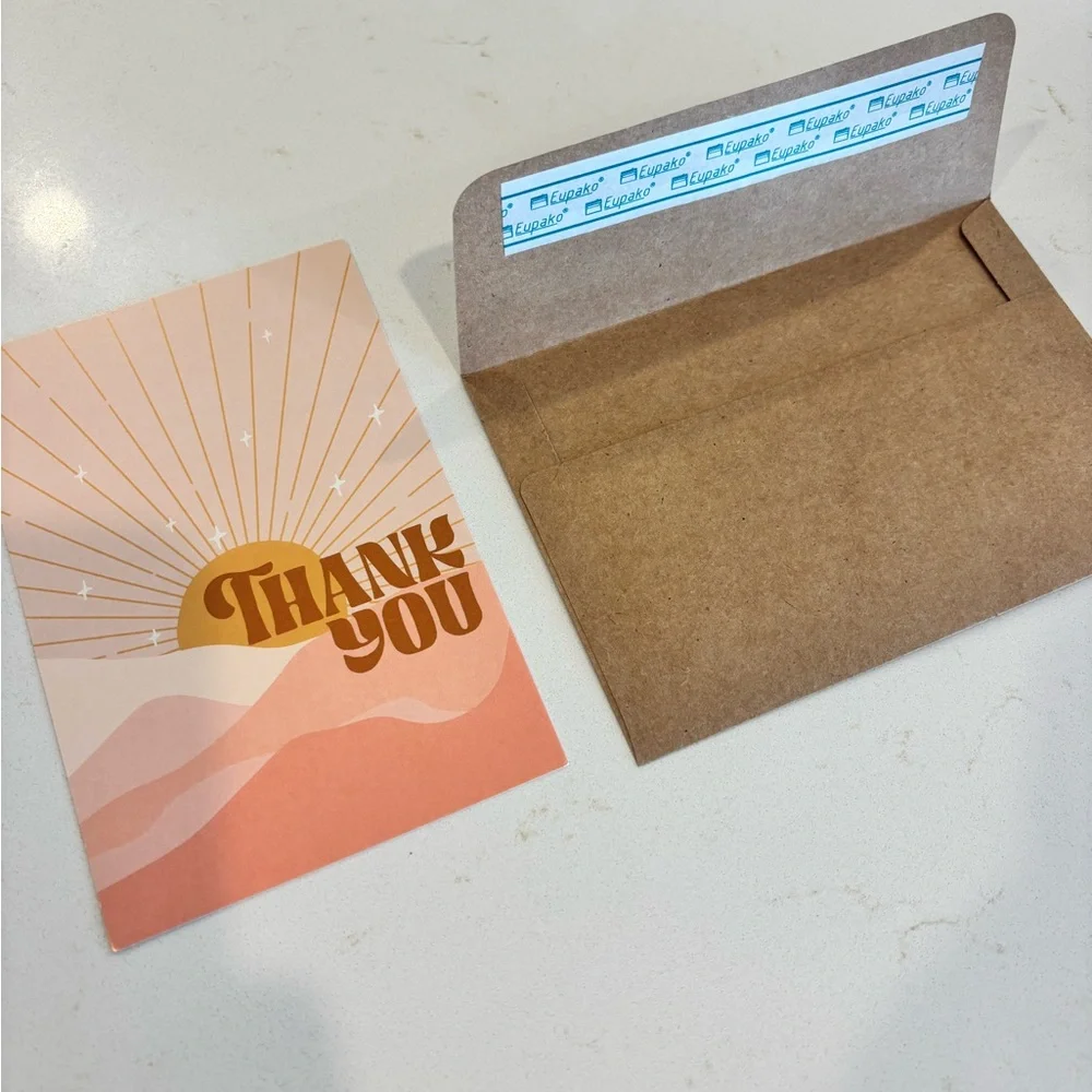 100 Thank You Cards + Brown Envelopes – Sunset Retro Design ☀️